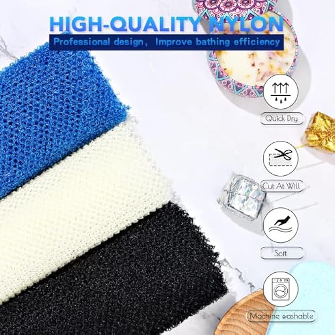 SWIUKPHE 3 PCS Multicolor Long Net Bath Sponge, Exfoliating Back and Body Scrubber, Skin Smoothing Shower Tool for Daily Use (Blue/Black/Off-White) - Image 3
